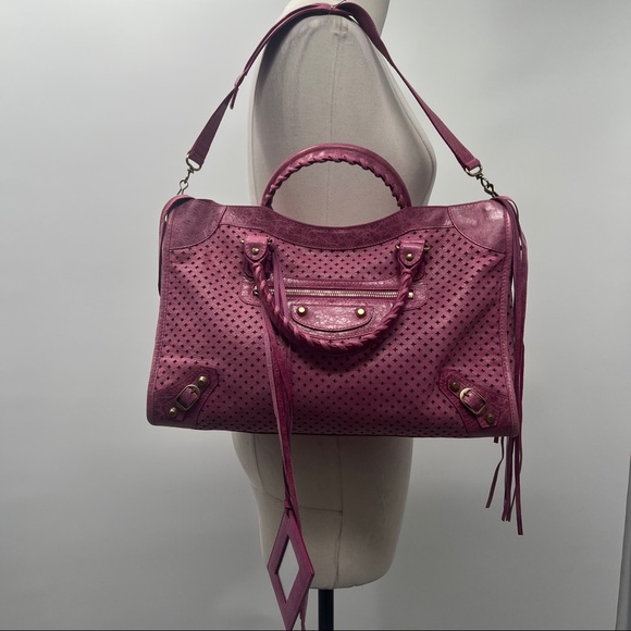 BALENCIAGA Purple Pink Perforated Fuchsia Leather GIANT GOLD HW MINI CITY BAG - Picture 8 of 15